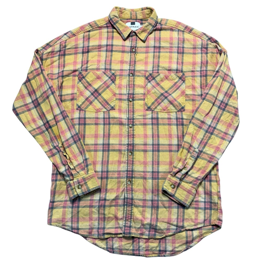 Topman Mens Medium Yellow Pink Plaid Flannel Button Down Shirt Oversized Cotton